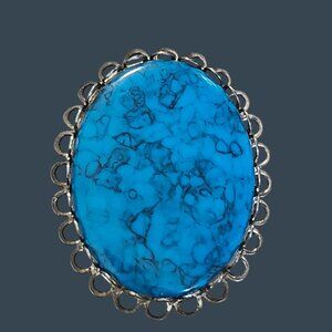 Vintage Oval Turquoise Brooch With Silver-Tone Filigree Frame